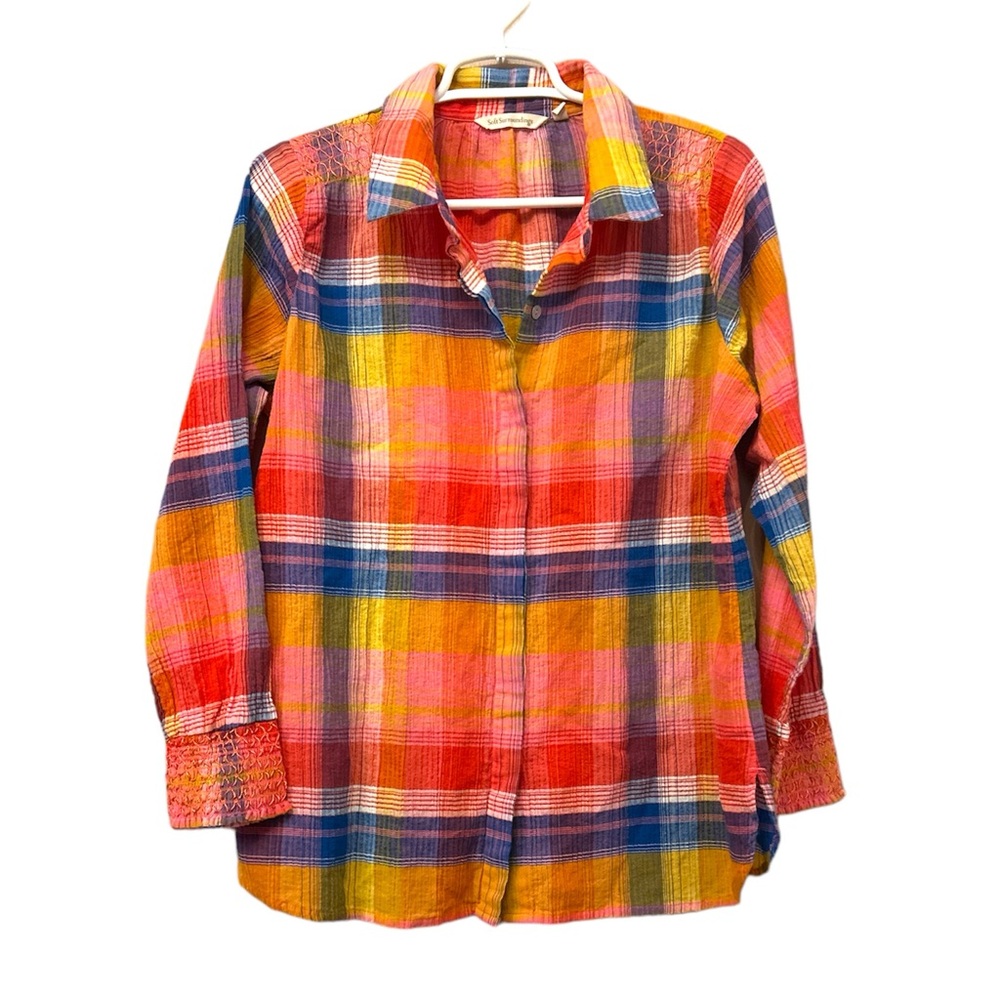 Soft Surrounding Plaid Textured Cotton Button Down Top Size Petite Medium